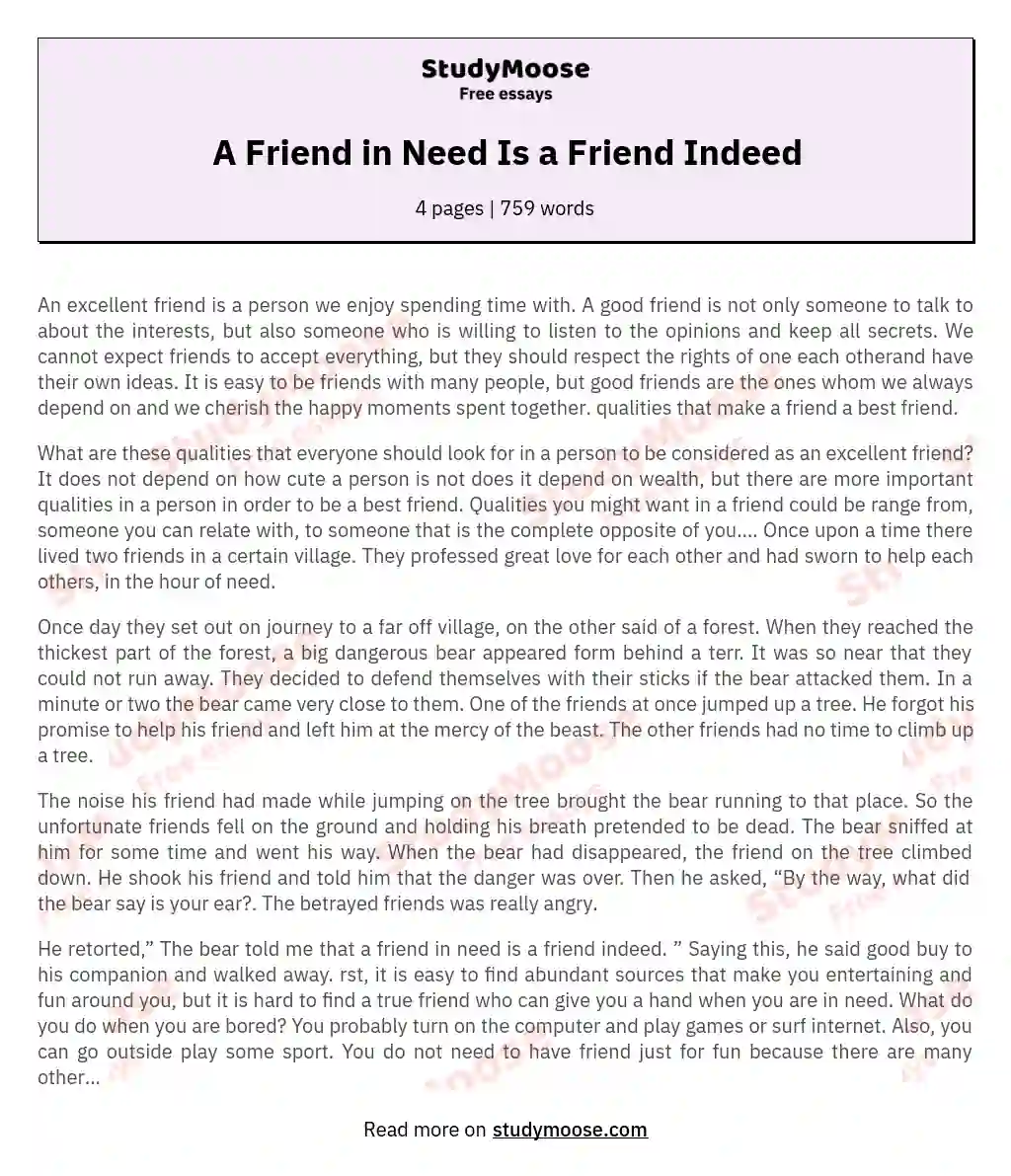A Friend in Need Is a Friend Indeed essay
