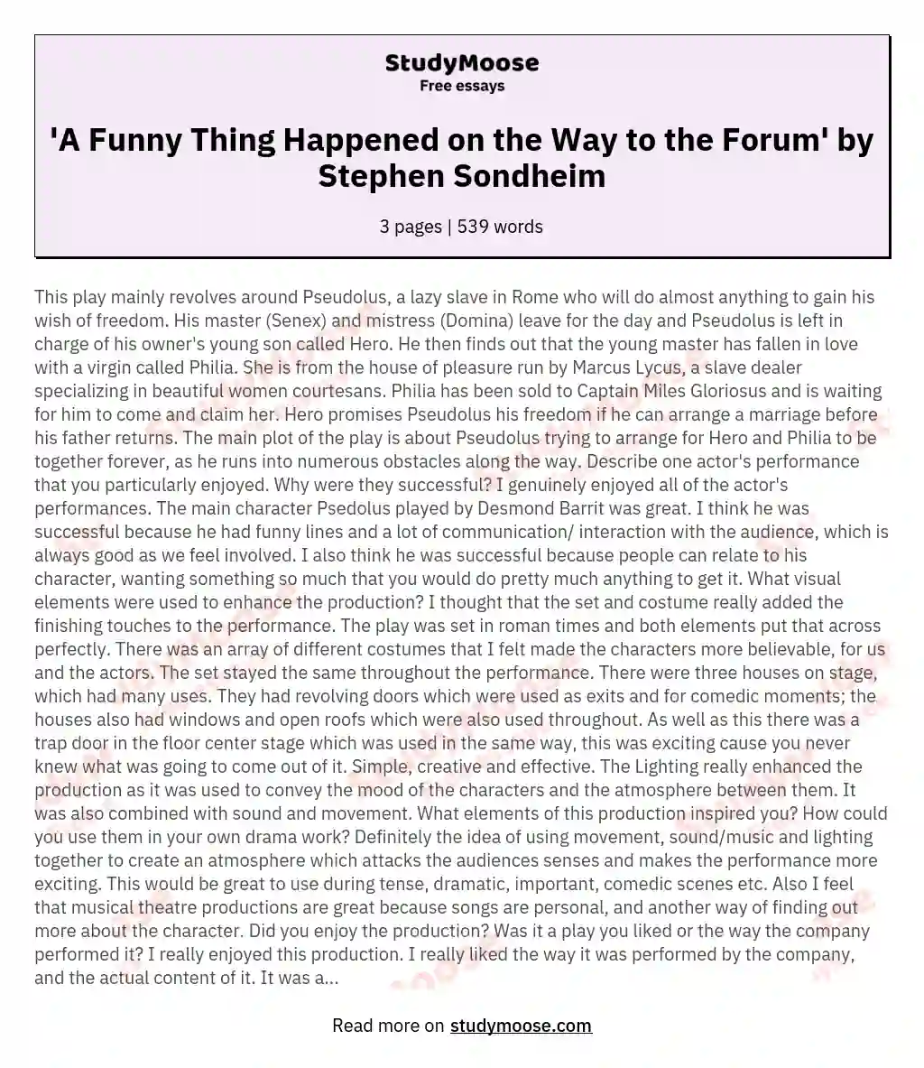 'A Funny Thing Happened on the Way to the Forum' by Stephen Sondheim essay