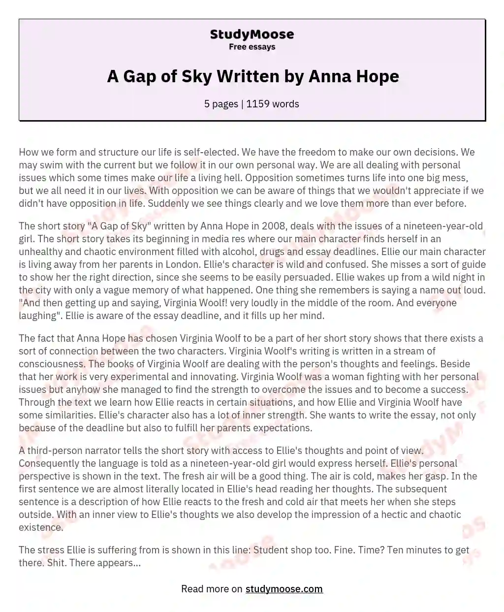 A Gap of Sky Written by Anna Hope essay