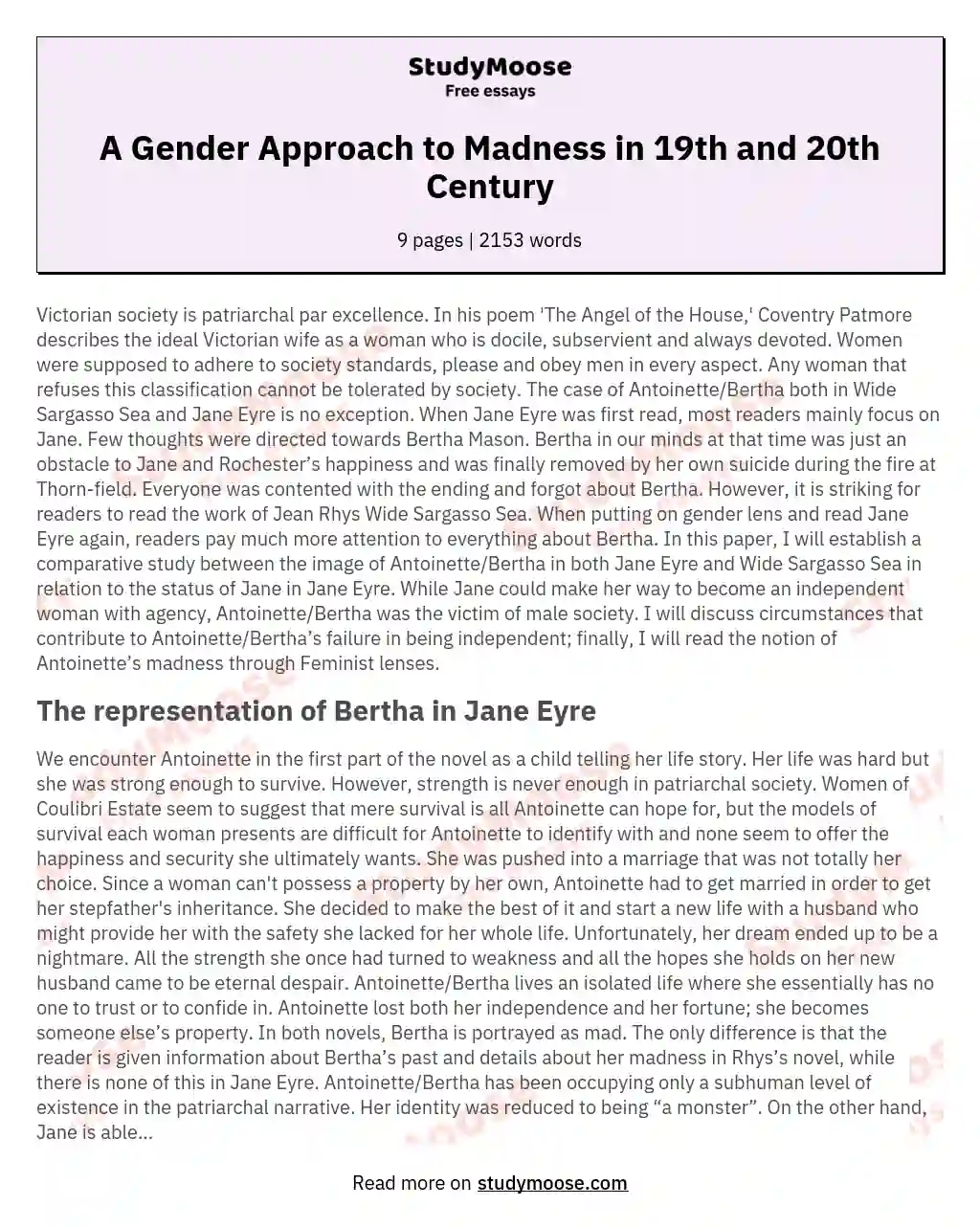 A Gender Approach to Madness in 19th and 20th Century essay