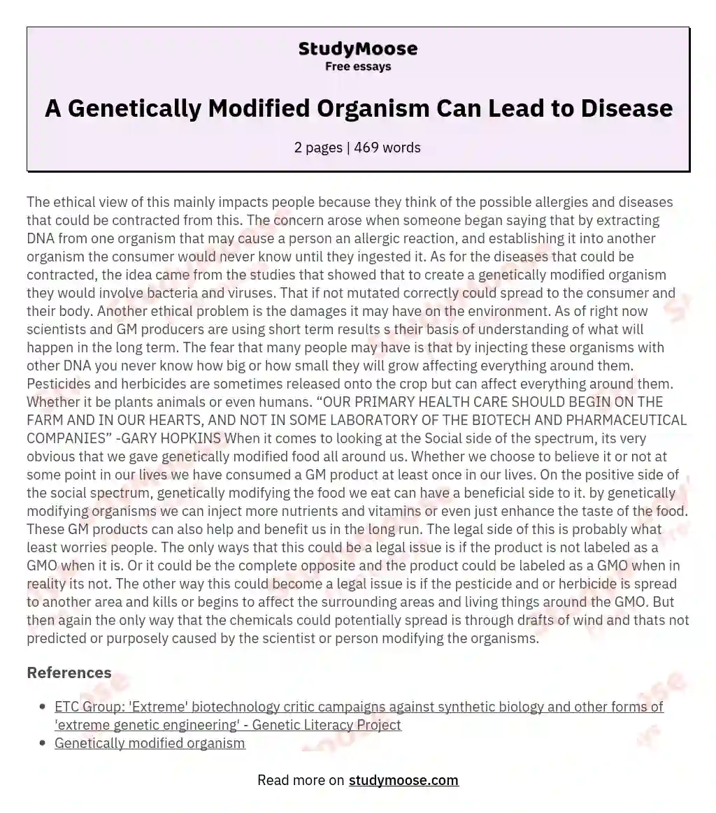 A Genetically Modified Organism Can Lead to Disease essay