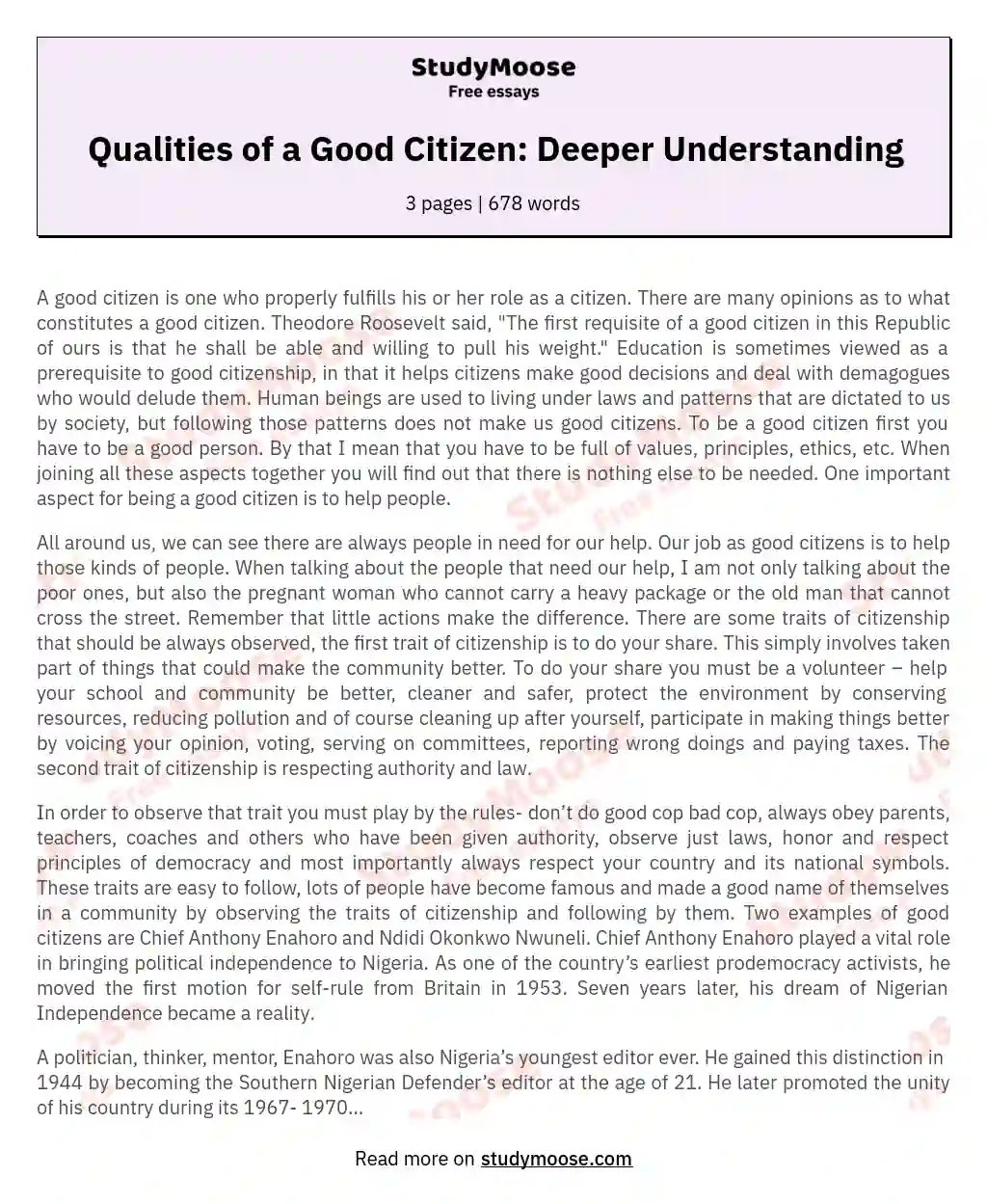 Qualities of a Good Citizen: Deeper Understanding essay
