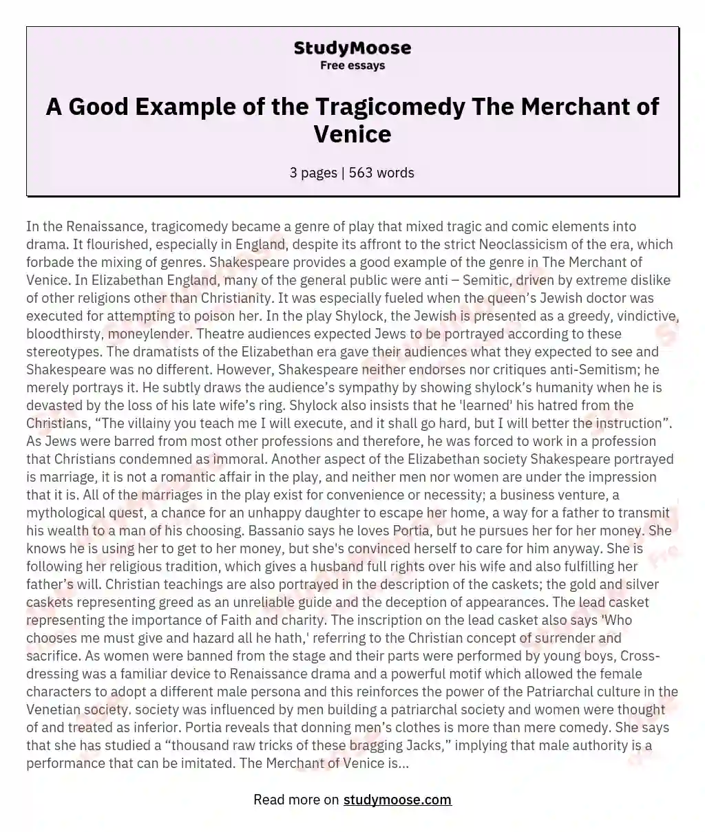 A Good Example of the Tragicomedy The Merchant of Venice essay
