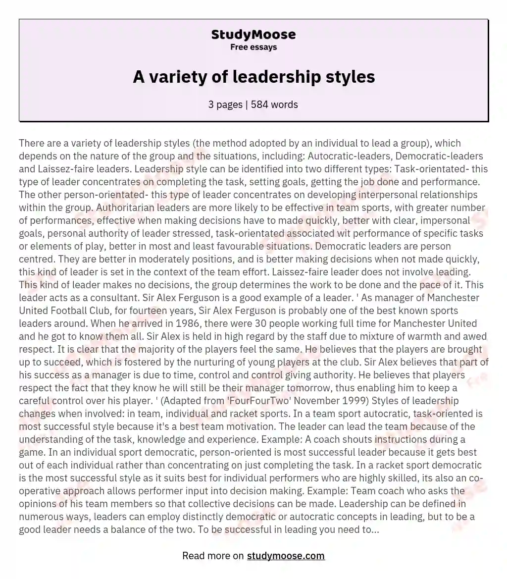 A variety of leadership styles essay