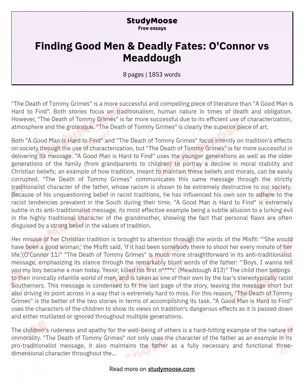 "The Death of Tommy Grimes" Triumphs Over "A Good Man is Hard to Find" essay