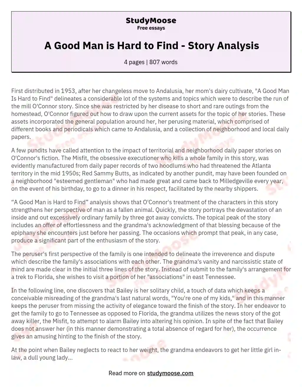 A Good Man is Hard to Find - Story Analysis essay