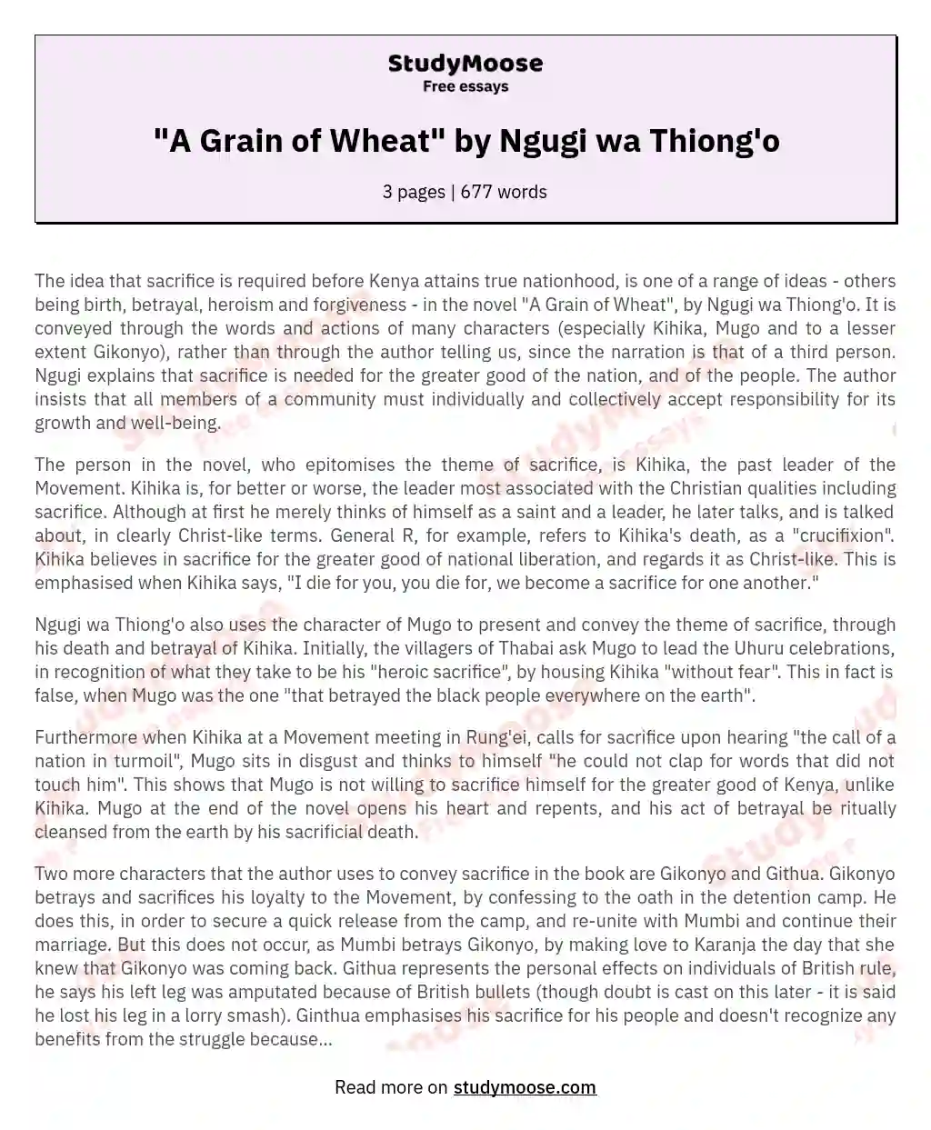 "A Grain of Wheat" by Ngugi wa Thiong'o essay