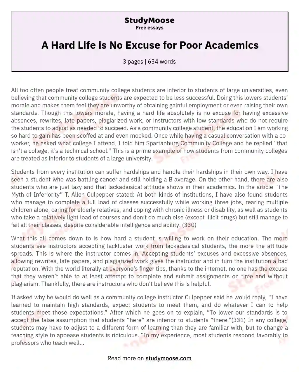 A Hard Life is No Excuse for Poor Academics essay