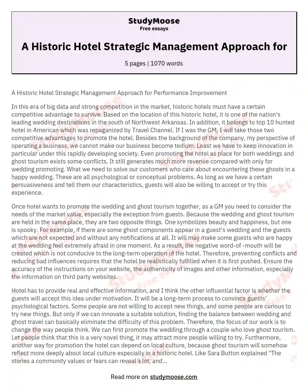 A Historic Hotel Strategic Management Approach for essay