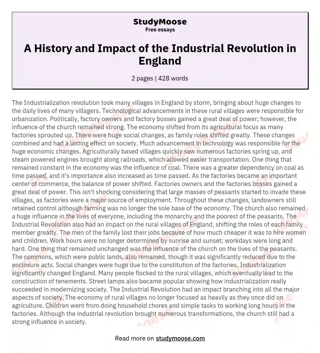A History and Impact of the Industrial Revolution in England essay