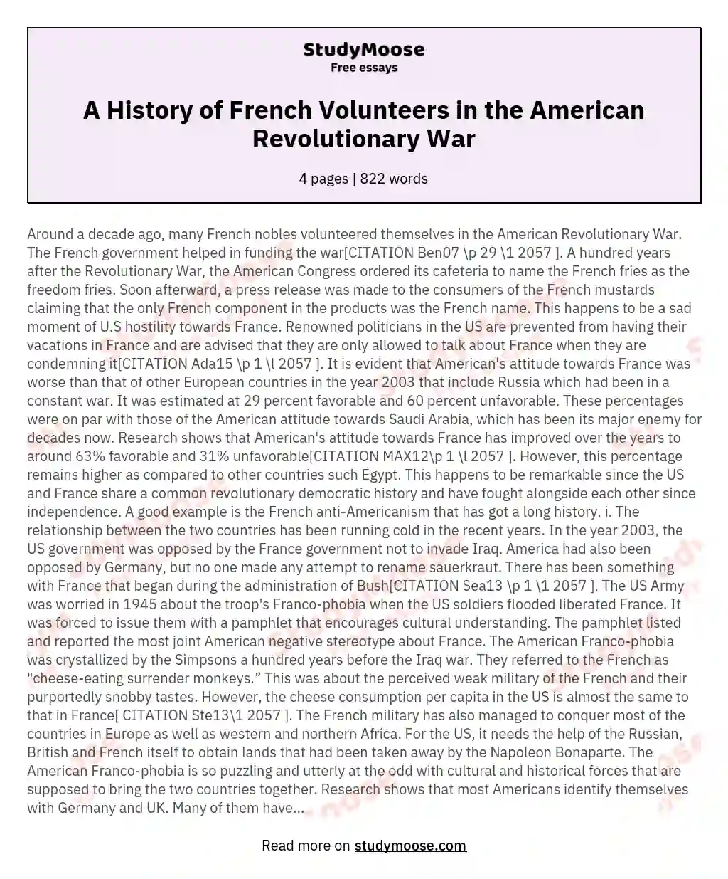 A History of French Volunteers in the American Revolutionary War essay