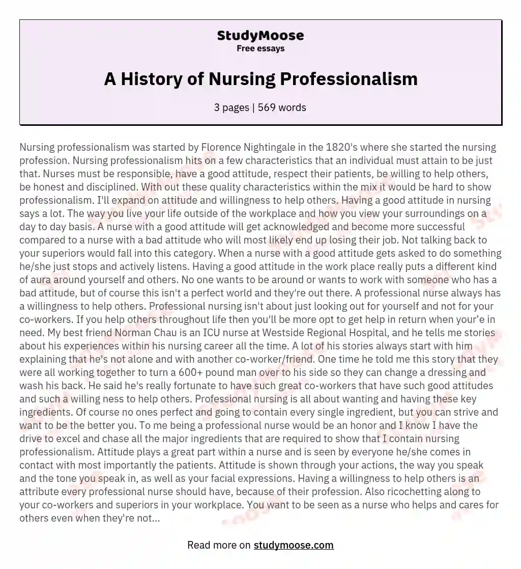 A History of Nursing Professionalism essay