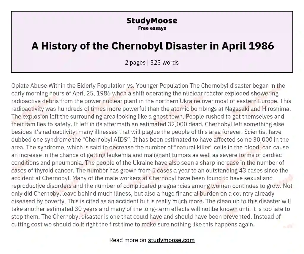A History of the Chernobyl Disaster in April 1986 essay