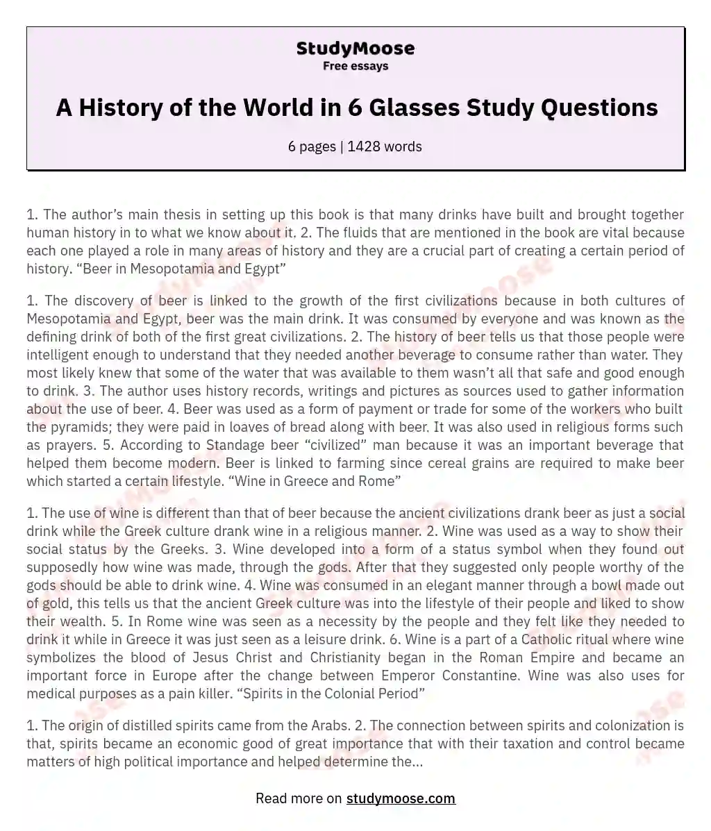 A History of the World in 6 Glasses Study Questions essay