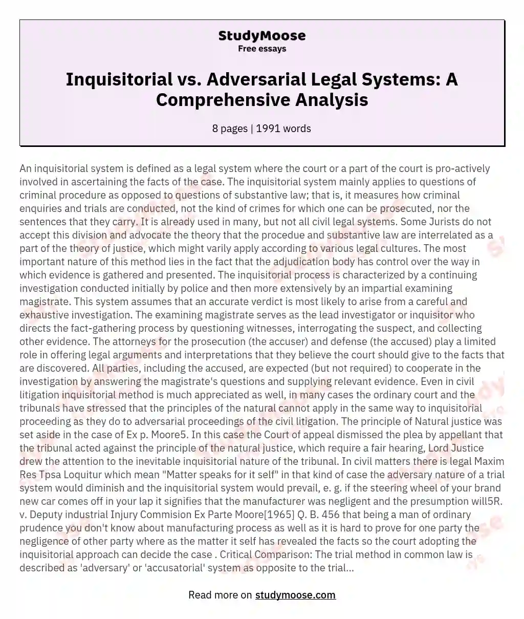 Inquisitorial vs. Adversarial Legal Systems: A Comprehensive Analysis essay