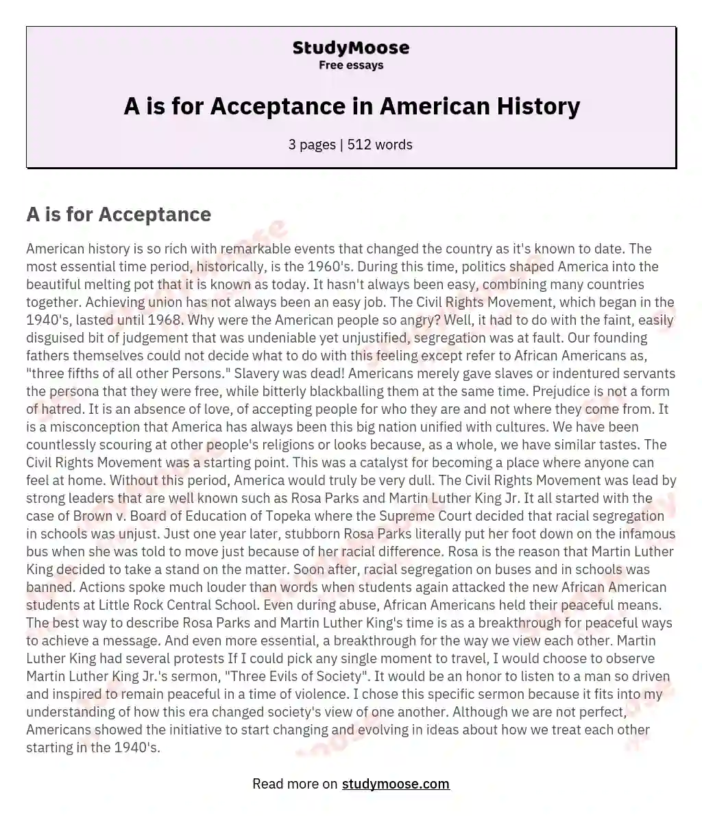 A is for Acceptance in American History essay