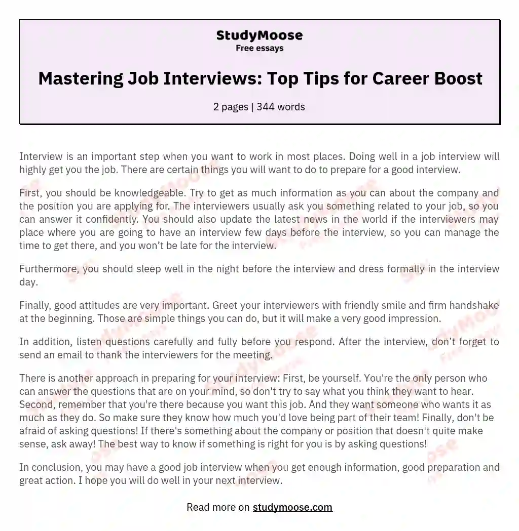 Mastering Job Interviews: Top Tips for Career Boost essay