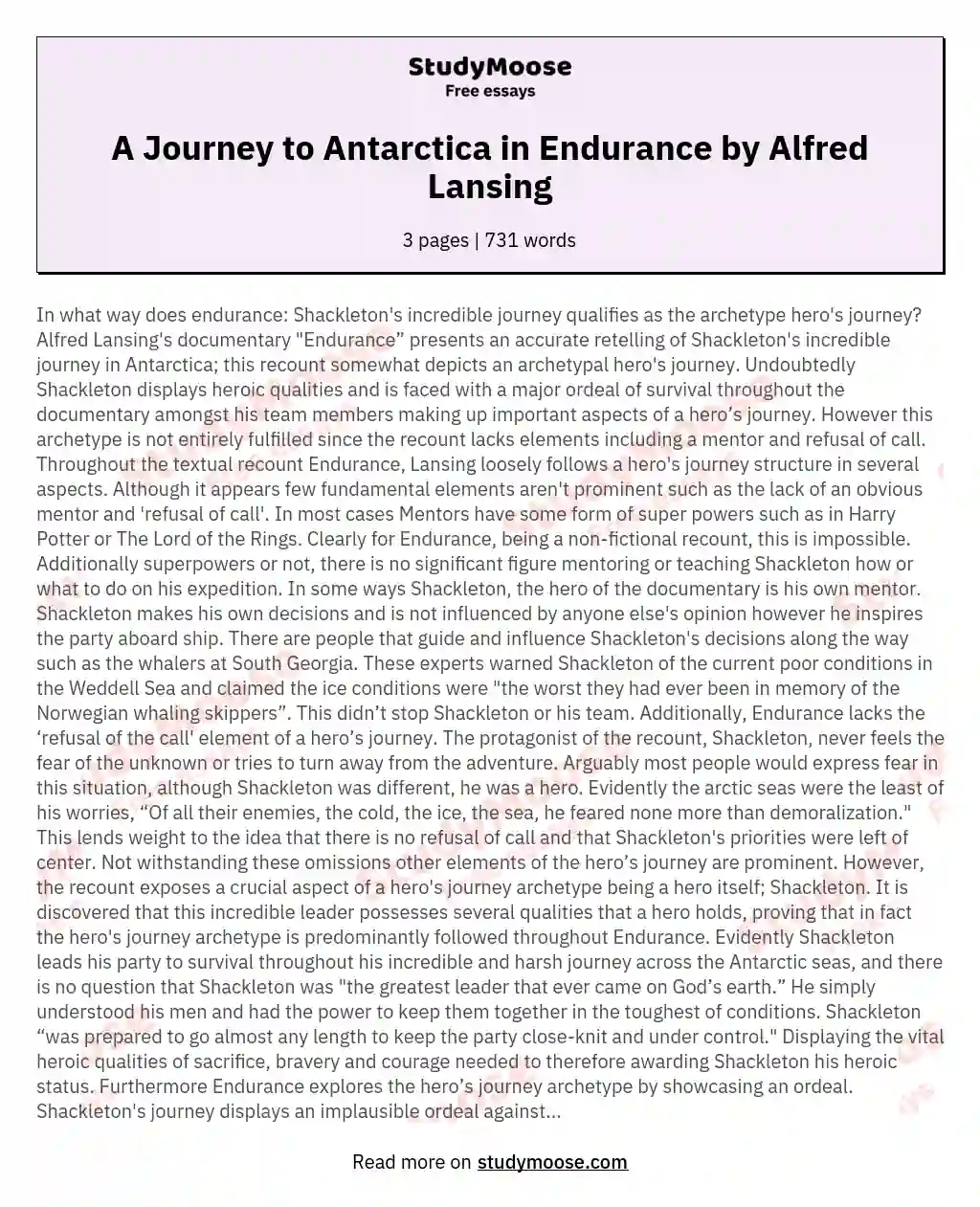 A Journey to Antarctica in Endurance by Alfred Lansing essay