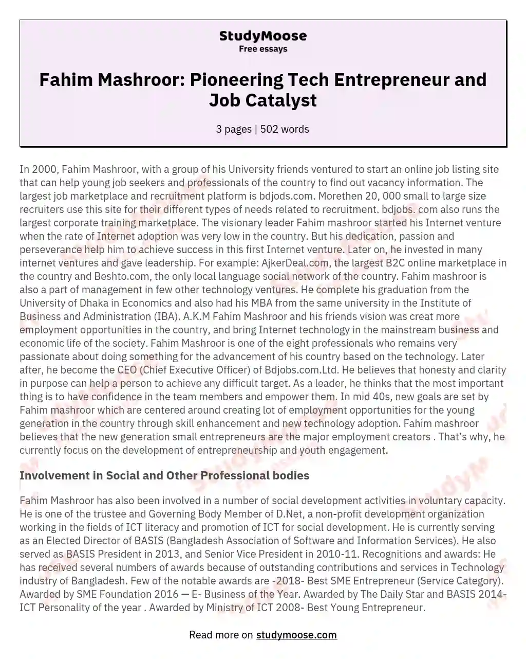 Fahim Mashroor: Pioneering Tech Entrepreneur and Job Catalyst essay