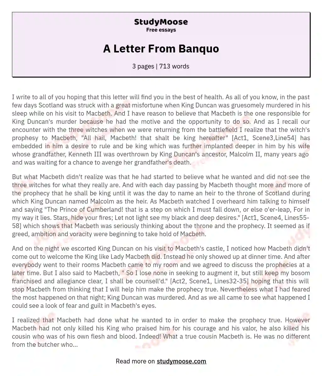 A Letter From Banquo essay