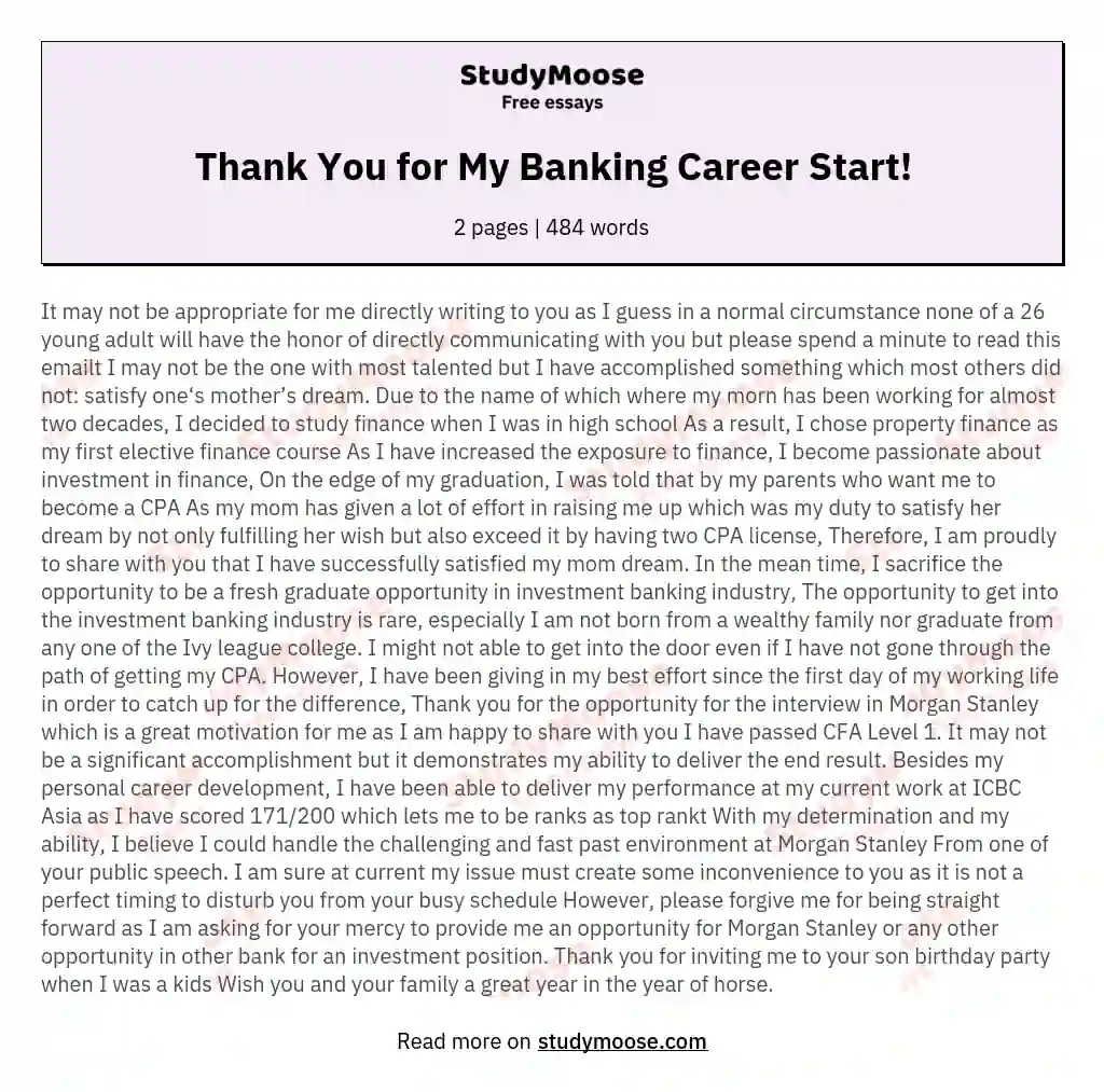 Thank You for My Banking Career Start! essay