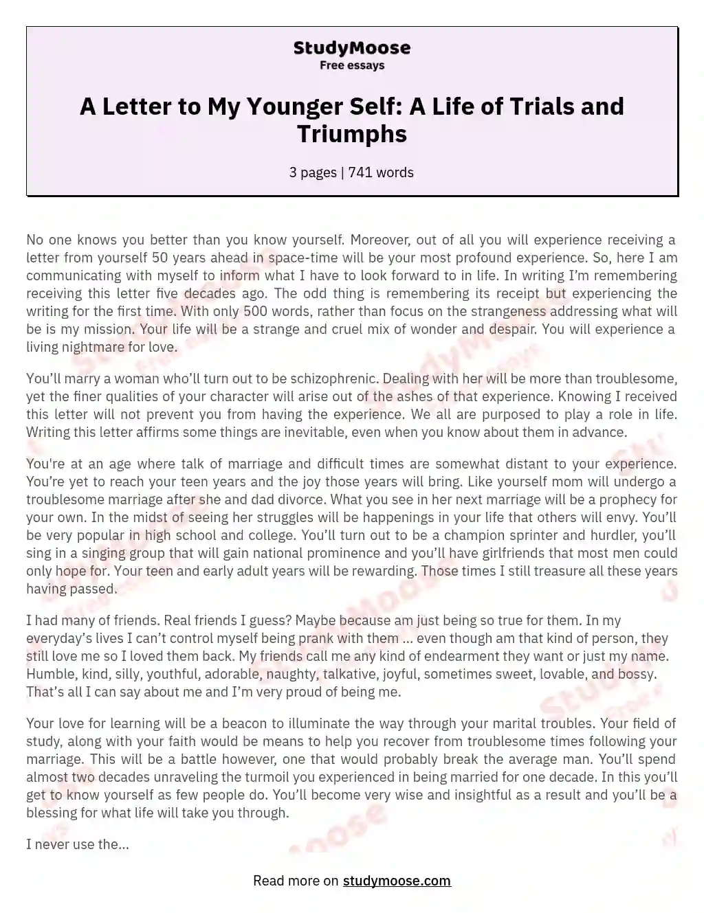 A Letter to My Younger Self: A Life of Trials and Triumphs essay