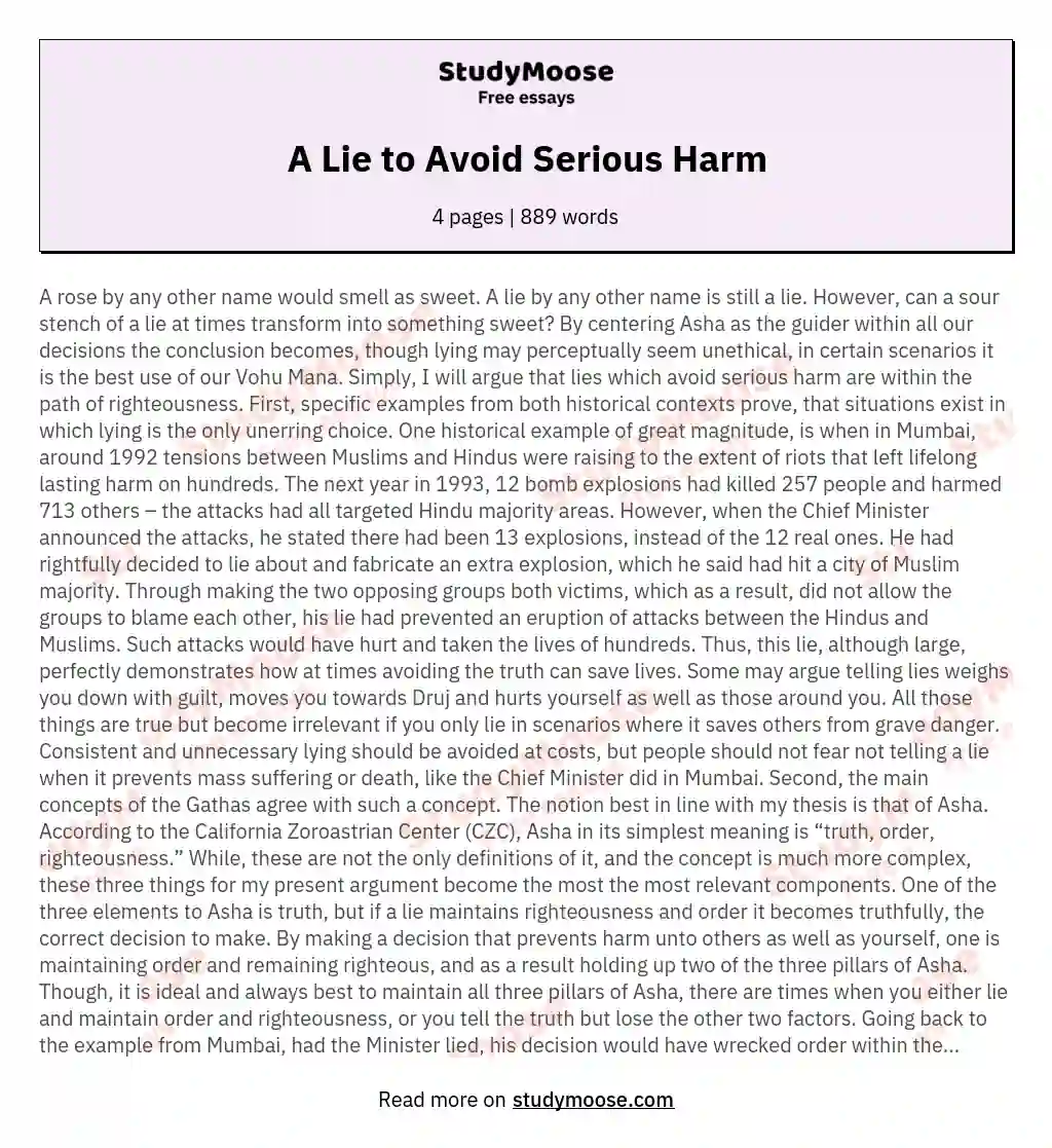 A Lie to Avoid Serious Harm essay
