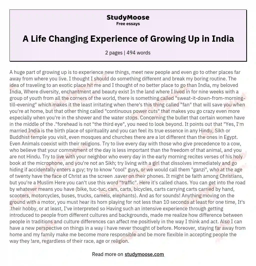 A Life Changing Experience of Growing Up in India essay