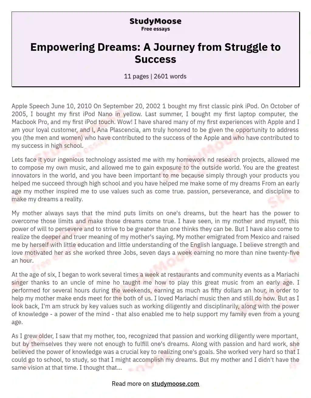 Empowering Dreams: A Journey from Struggle to Success essay