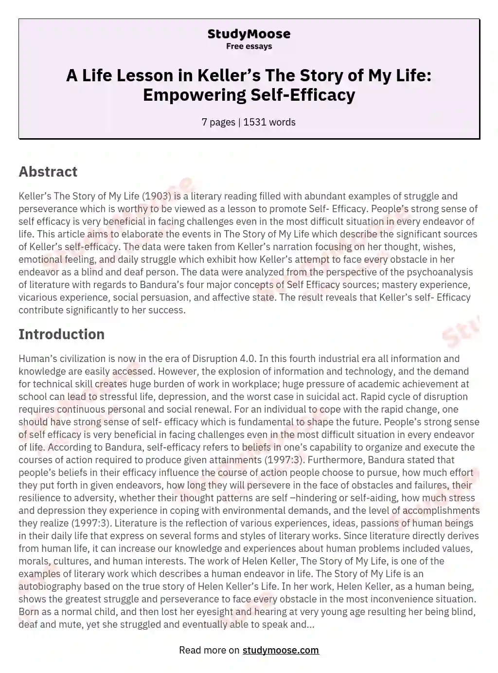 A Life Lesson in Keller’s The Story of My Life: Empowering Self-Efficacy