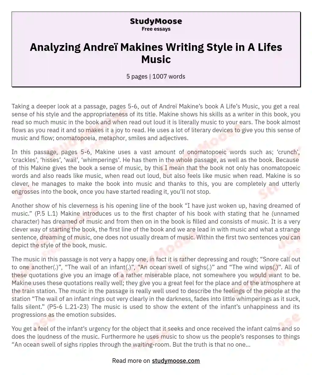 Analyzing Andreï Makines Writing Style in A Lifes Music essay