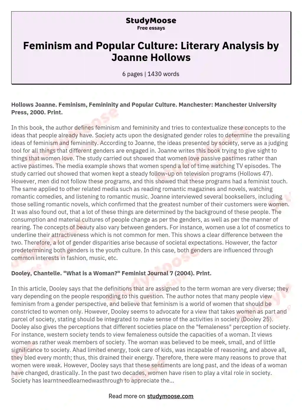 Feminism and Popular Culture: Literary Analysis by Joanne Hollows essay