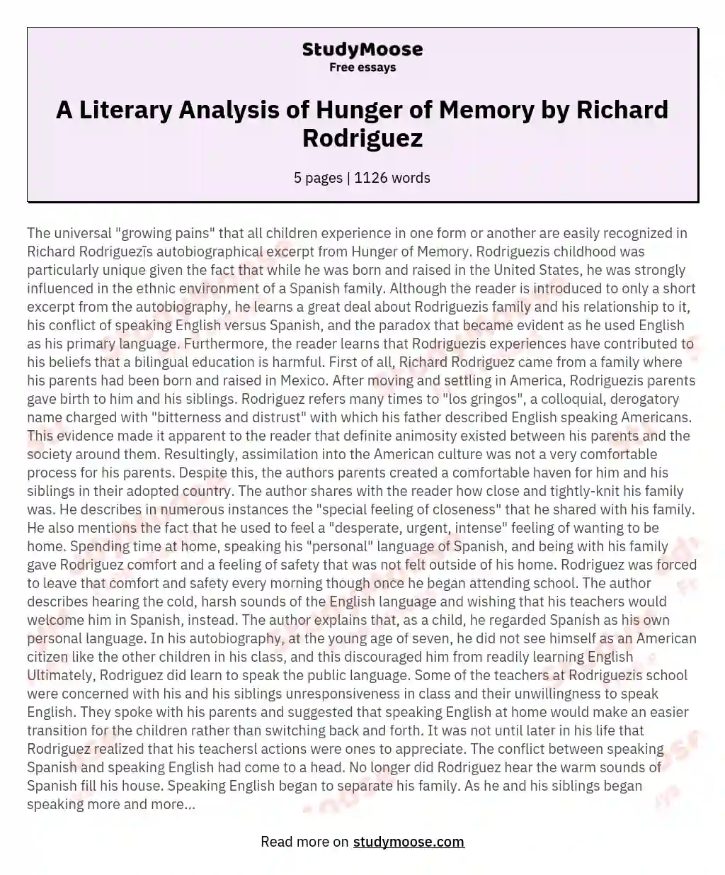 A Literary Analysis of Hunger of Memory by Richard Rodriguez essay