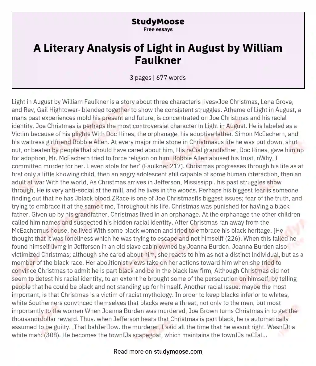 A Literary Analysis of Light in August by William Faulkner essay