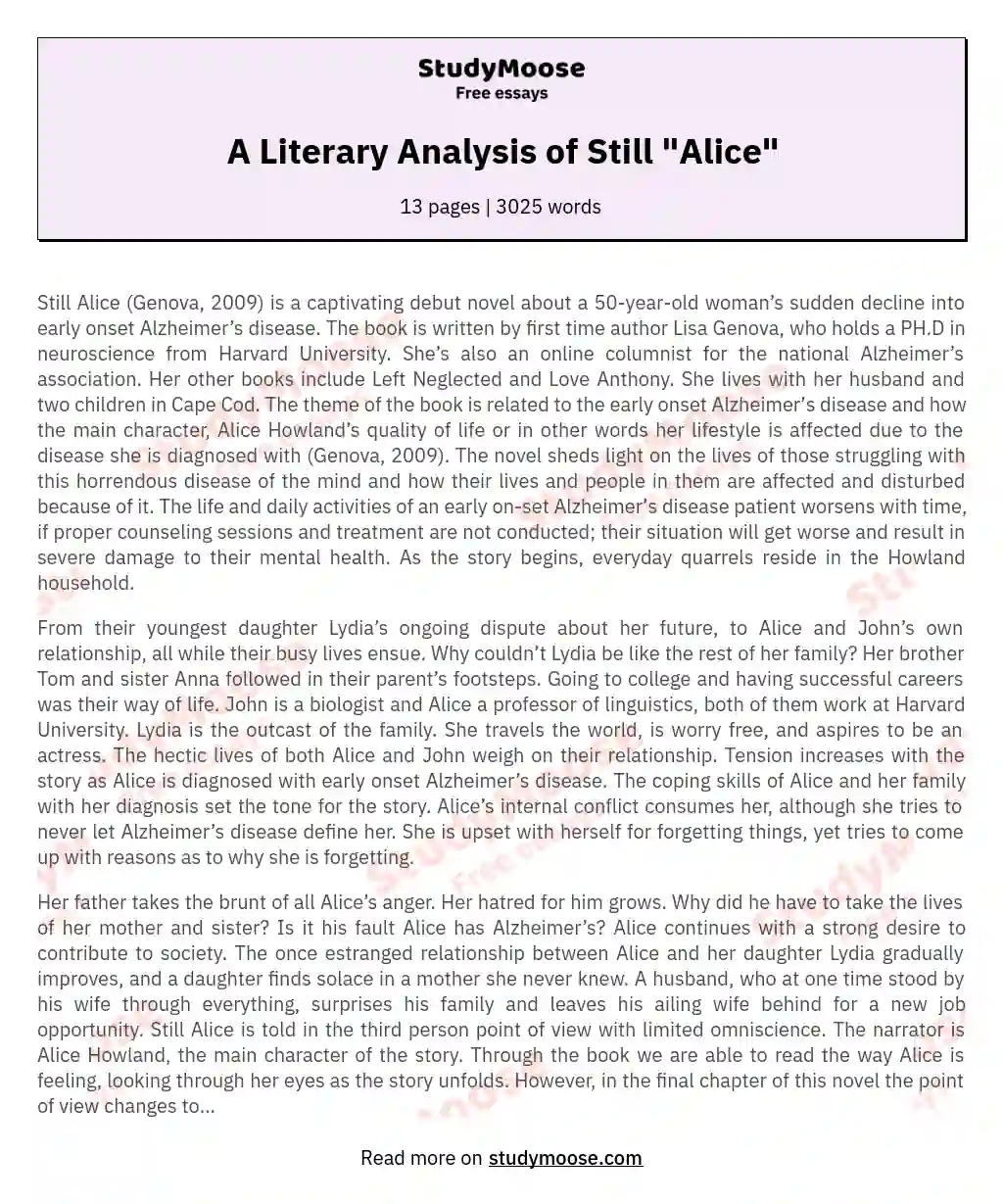 A Literary Analysis of Still "Alice" essay