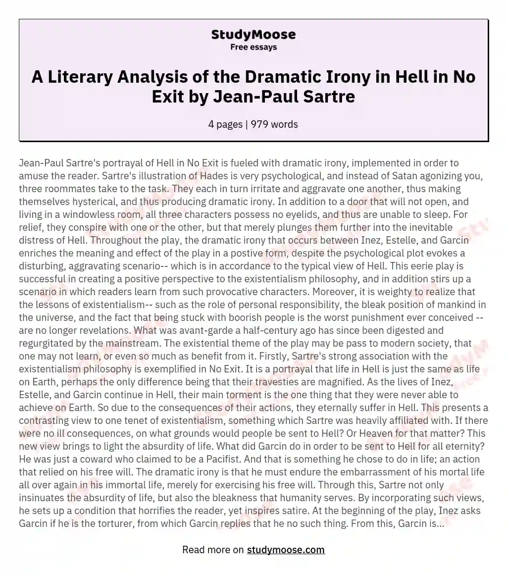A Literary Analysis of the Dramatic Irony in Hell in No Exit by Jean-Paul Sartre essay