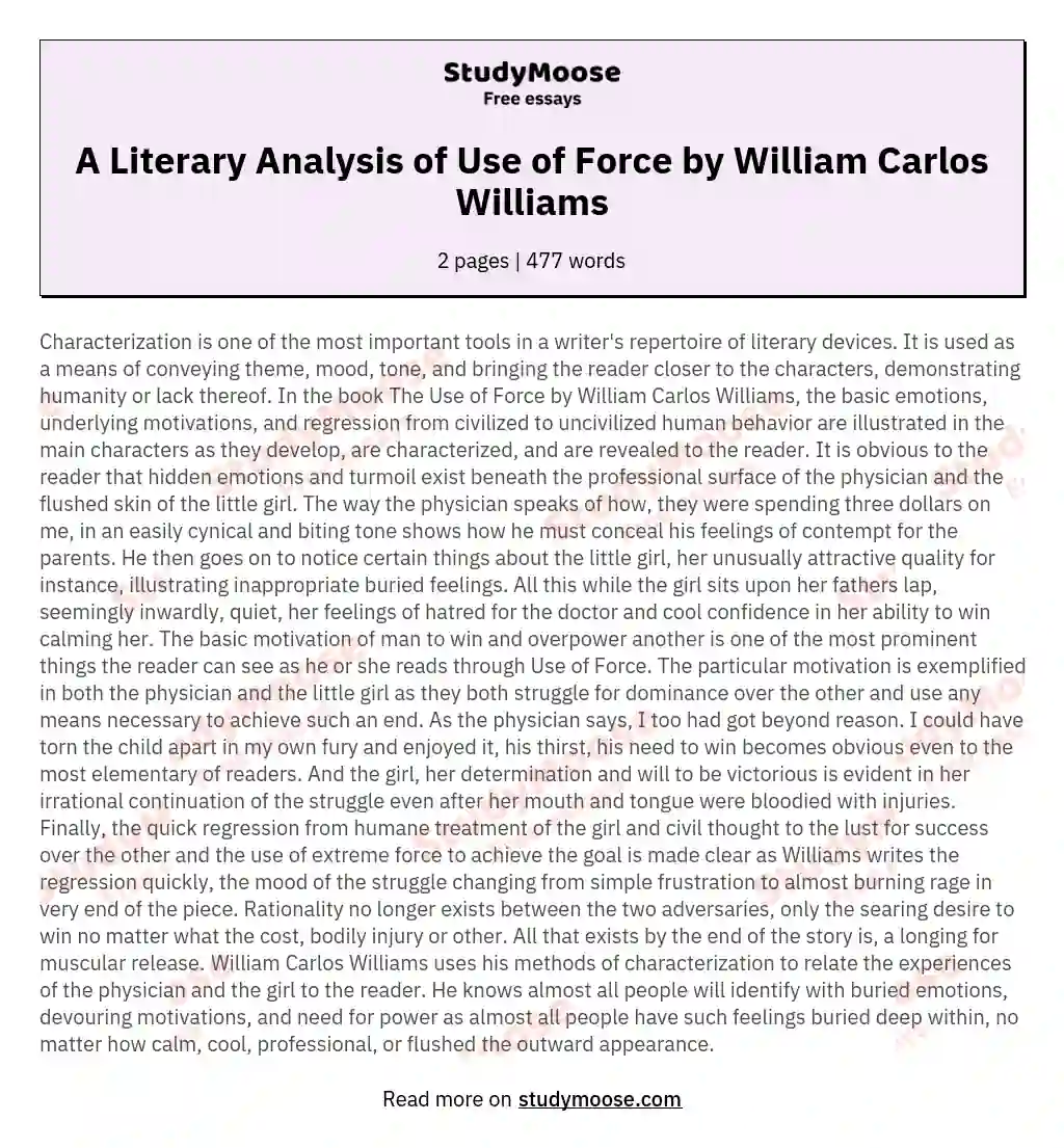 A Literary Analysis of Use of Force by William Carlos Williams essay