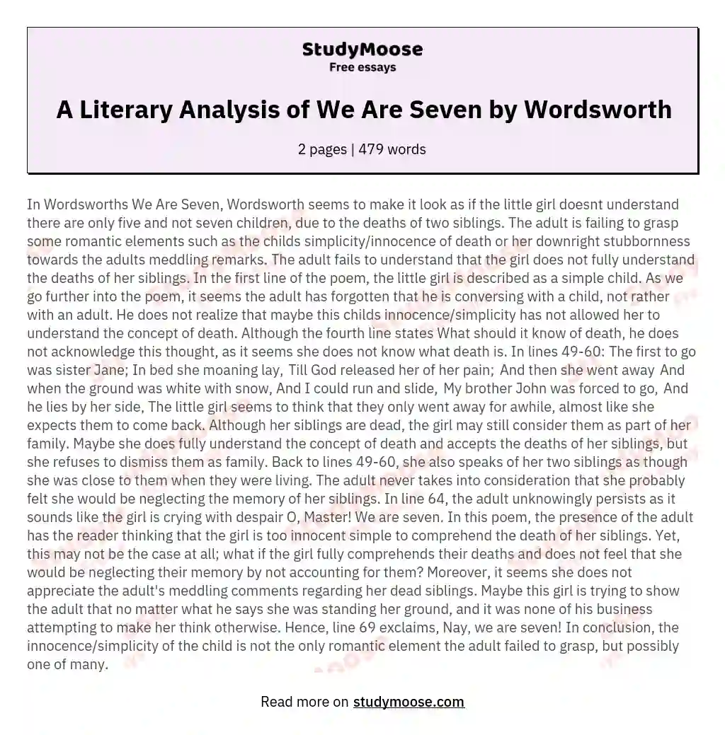 A Literary Analysis of We Are Seven by Wordsworth essay