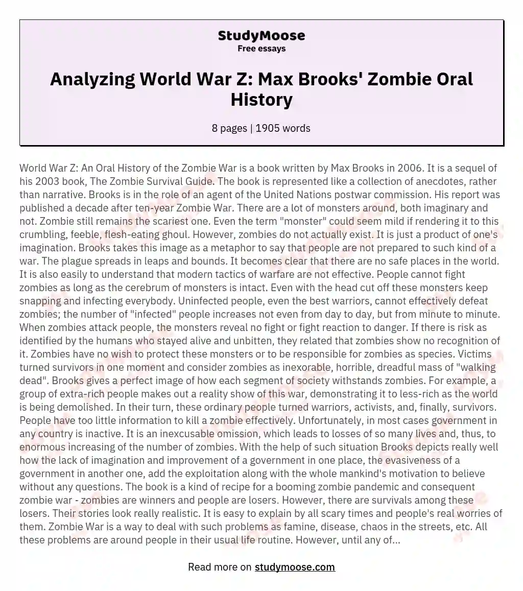 Analyzing World War Z: Max Brooks' Zombie Oral History essay