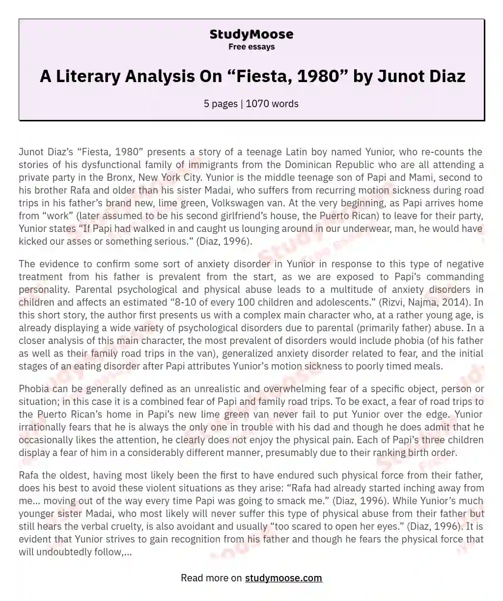 A Literary Analysis On “Fiesta, 1980” by Junot Diaz essay