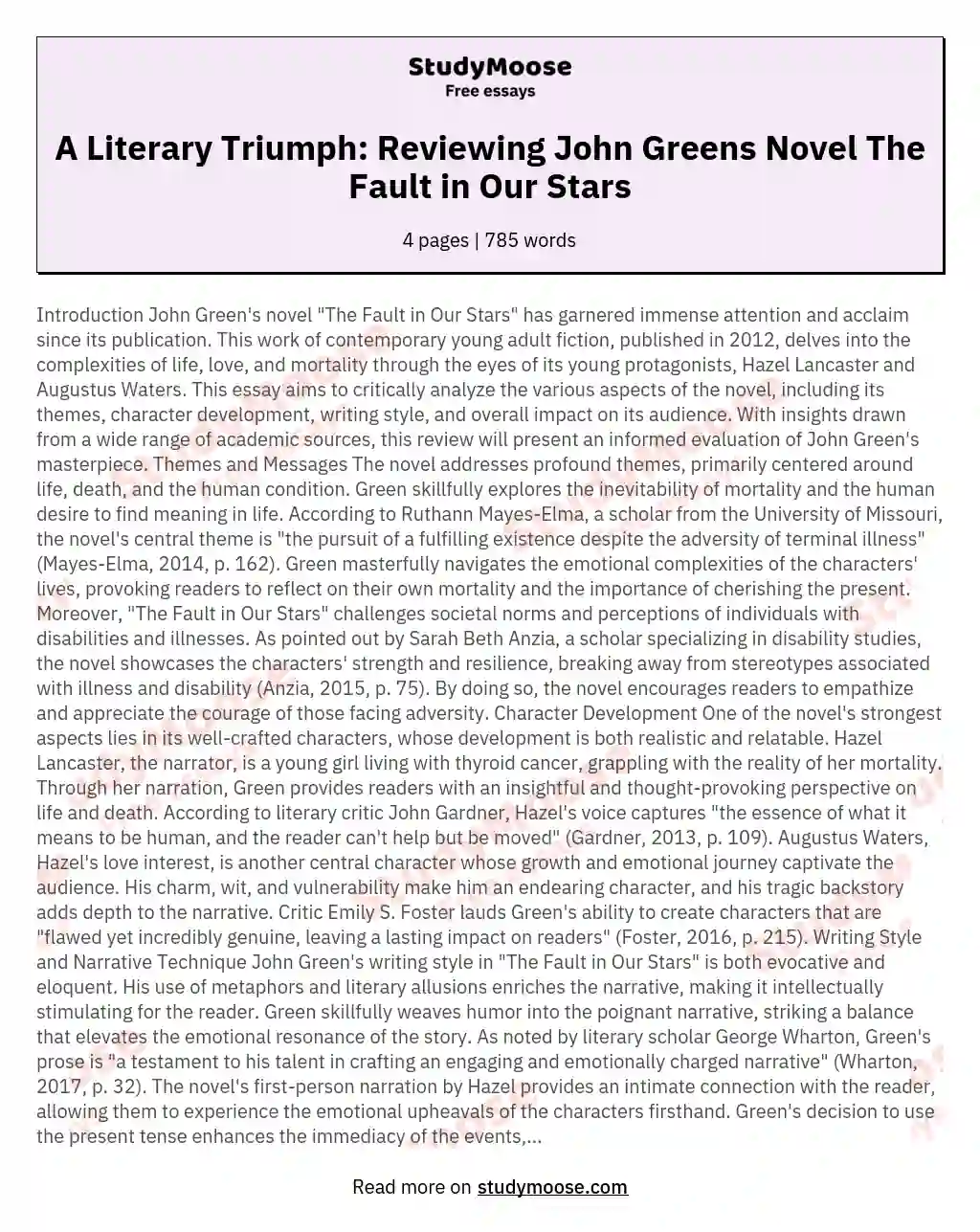 A Literary Triumph: Reviewing John Greens Novel The Fault in Our Stars essay