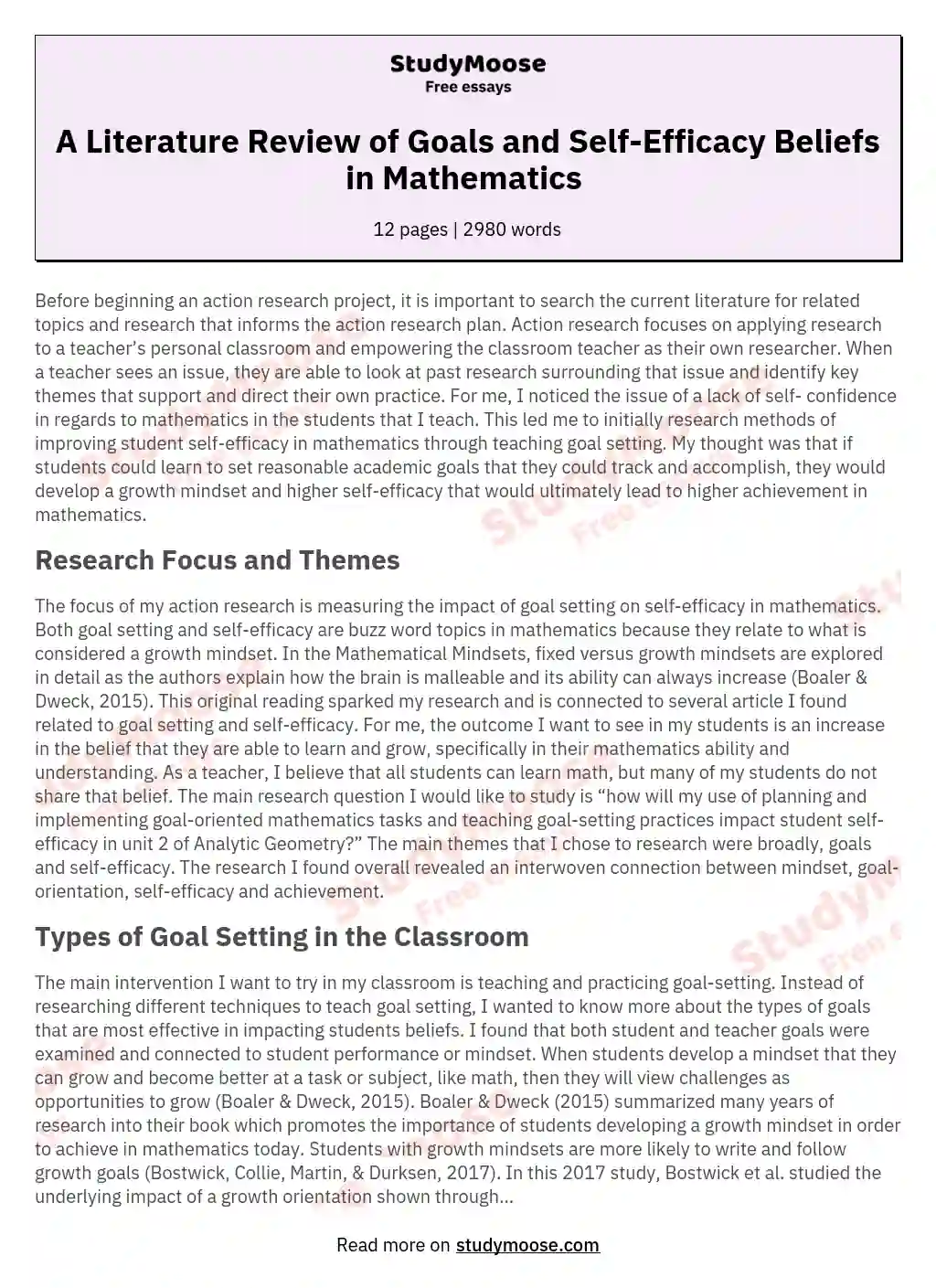 A Literature Review of Goals and Self-Efficacy Beliefs in Mathematics 