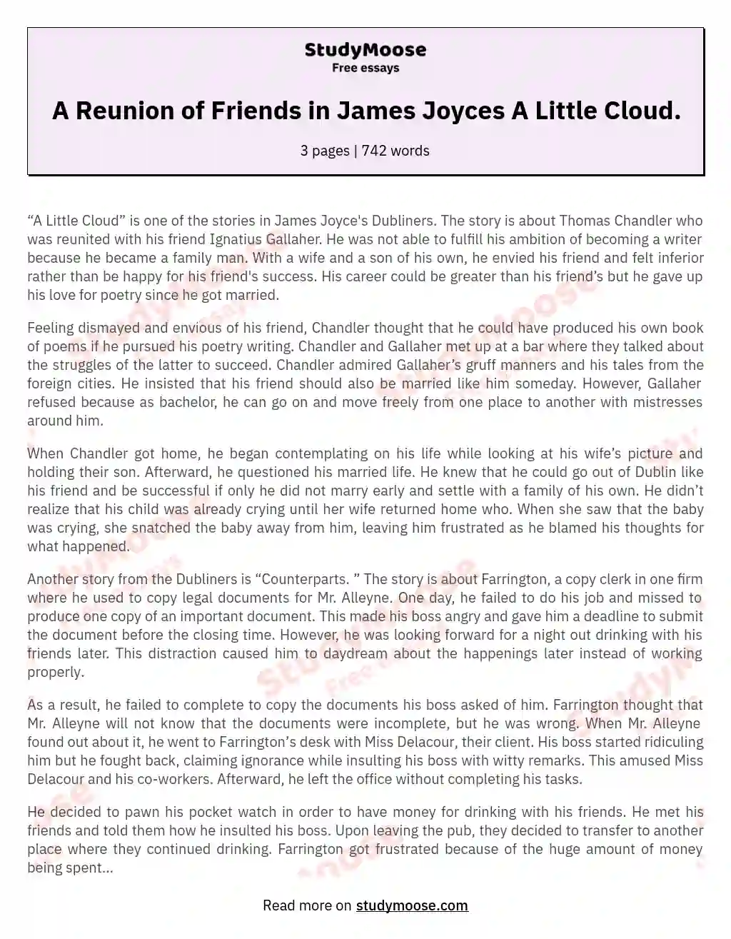 A Reunion of Friends in James Joyces A Little Cloud. essay