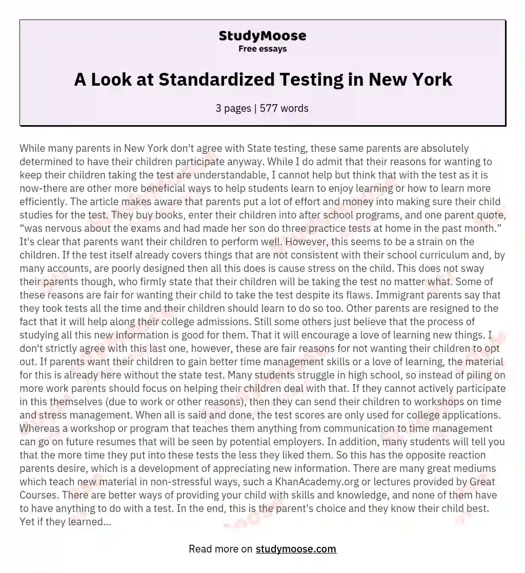 A Look at Standardized Testing in New York essay