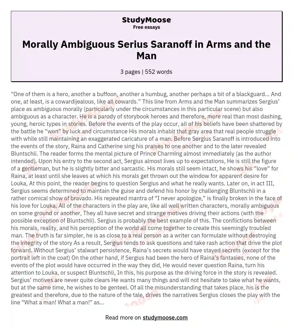 Morally Ambiguous Serius Saranoff in Arms and the Man essay
