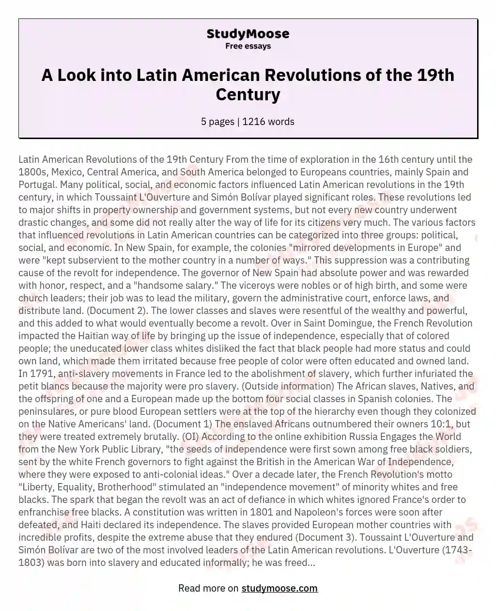 A Look into Latin American Revolutions of the 19th Century essay
