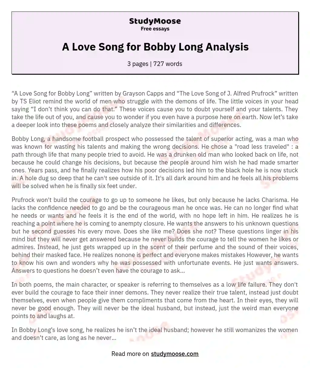 A Love Song for Bobby Long Analysis essay