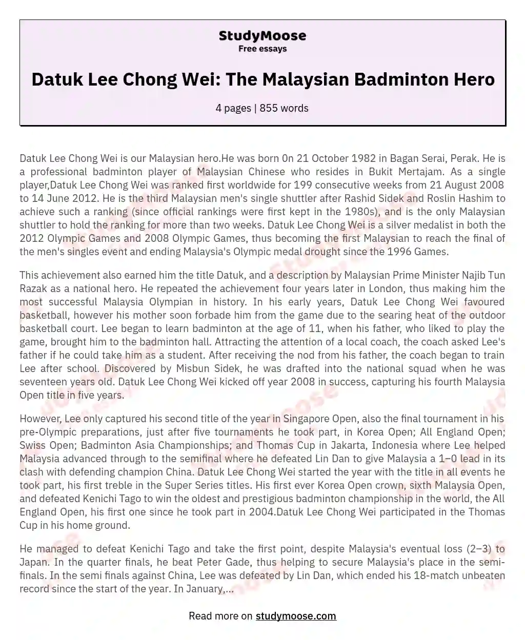 Datuk Lee Chong Wei: The Malaysian Badminton Hero essay