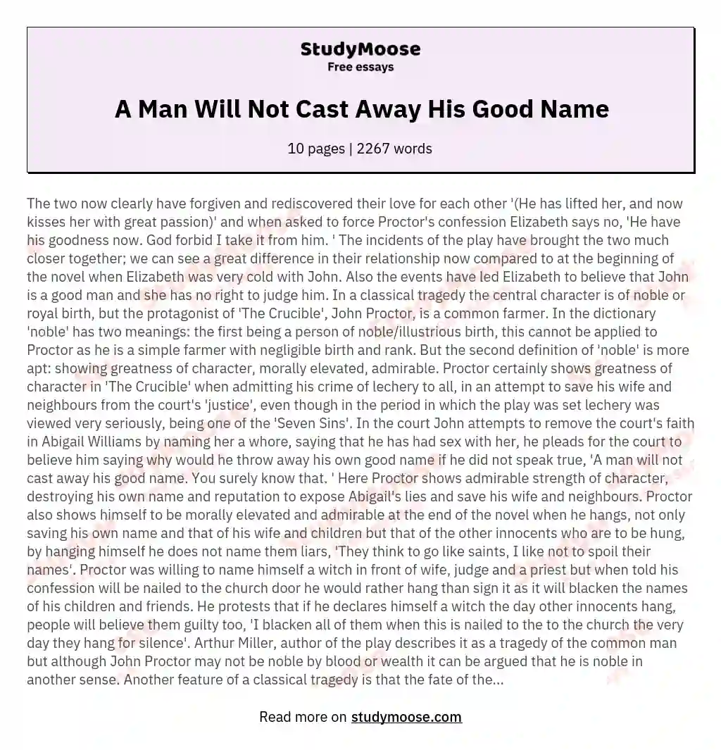 A Man Will Not Cast Away His Good Name essay