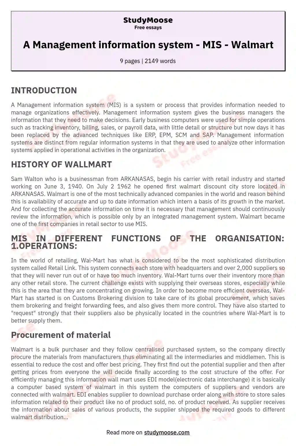 A Management information system - MIS - Walmart essay